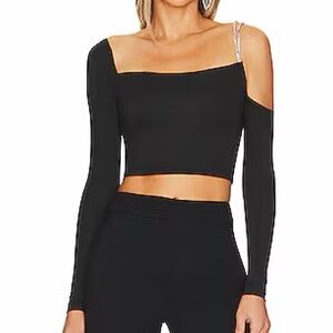 superdown Black One-Shoulder Long-Sleeve Crop Top with Rhinestone Strap